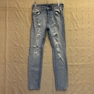 HM Skinny &Denim Light Wash Distressed Ripped Jeans Button Fly 28/30 Womens